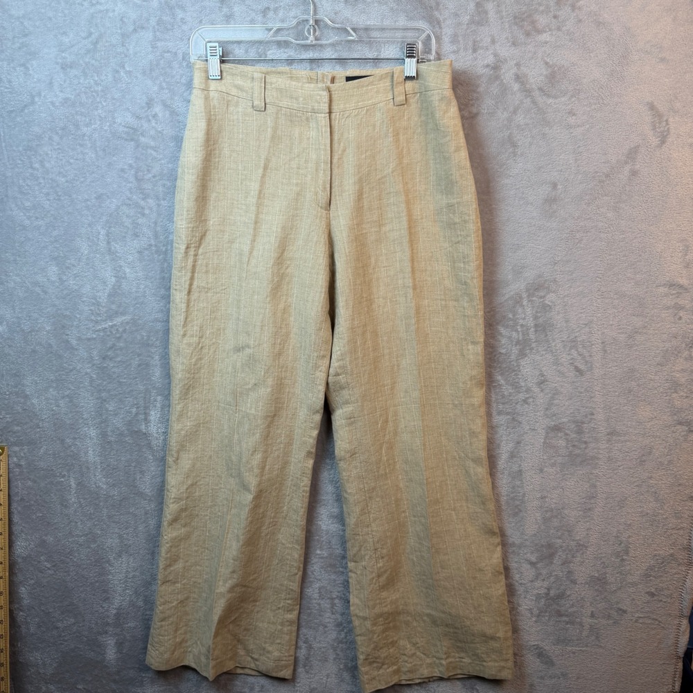 Hennes Linen Pants Women 8 Beige Pinstripe Wide Leg Trousers 100% Linen Business